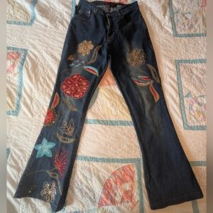 Empathy Jeans brand; Dark Blue Denim Floral Embroidered flared-Leg Jeans: Size 6